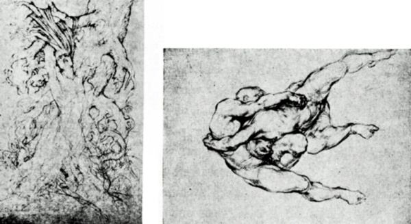 Fig 1 (left), Fig 2 (right). Drawings by Bloom as a student show his precocious draftsmanship and are forerunners of "The Harpies" theme.  "Absalom" (left) was done in 1927 when he was fourteen: the Rubens-inspired "The Wrestlers" (owned by the Fogg Museum), five years later.